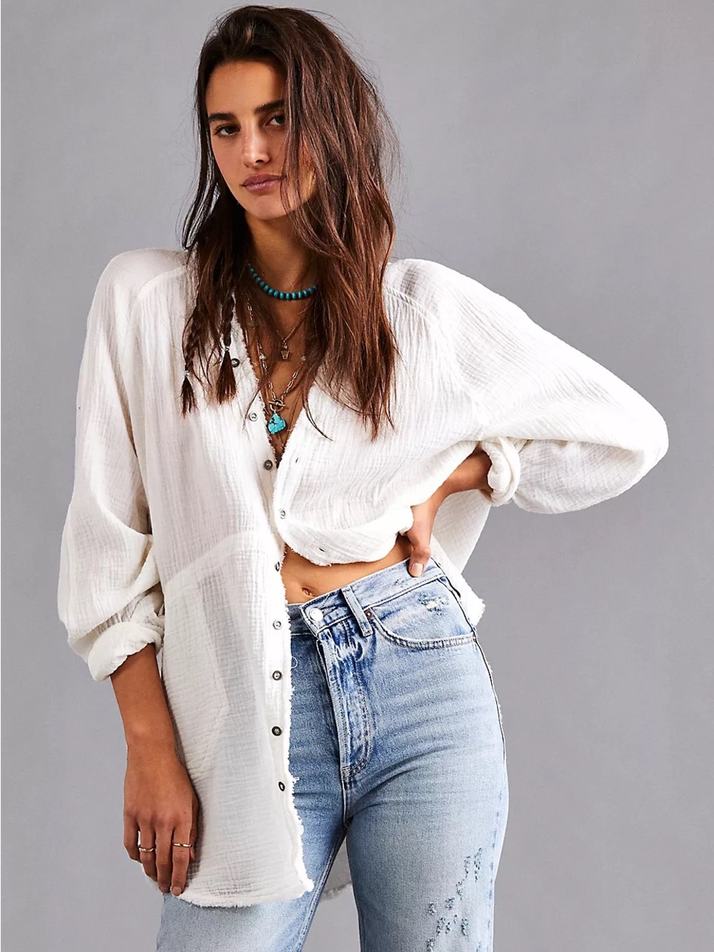 Free People We the Free Summer Daydreamer Button Down Tunic White Small